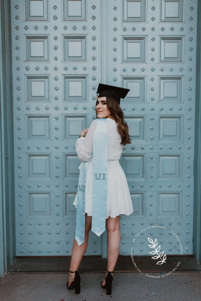 Senior photos in front of the Blue Door